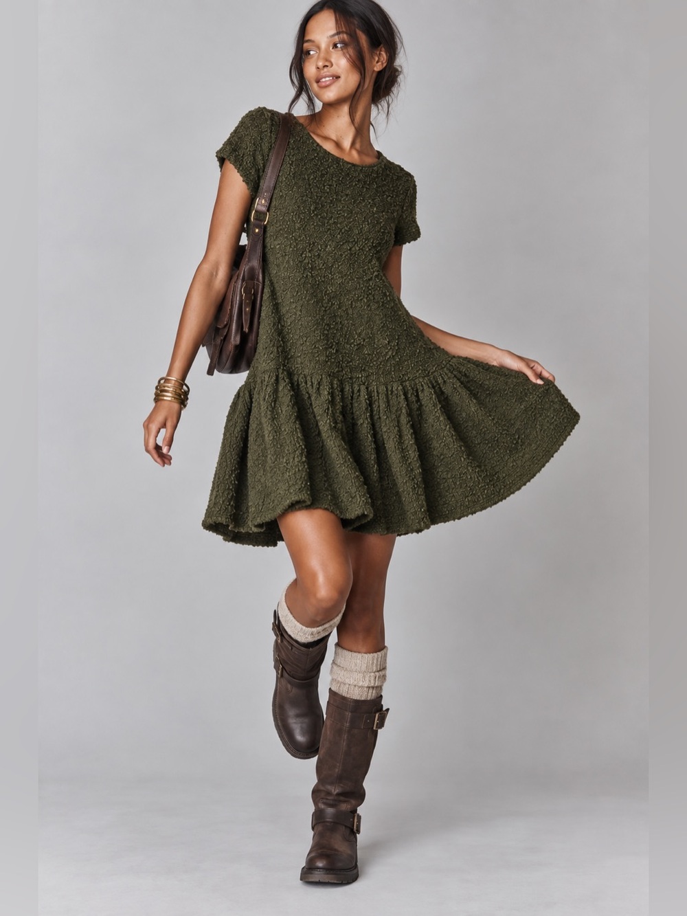 Maeve Dark Academia Olive Green Textured Ruffle-Hem Drop -waist Mini Dress Sz Sm